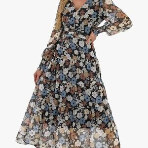 Floral Long Sleeve V-Neck Maxi Dress - Black Multi